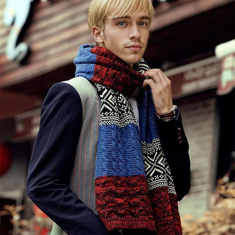 Winter Men's Scarf Checkered Scarf Casual Knit Keep Warm Neckerchief Patchwork Wool Cashmere Scarf AC086