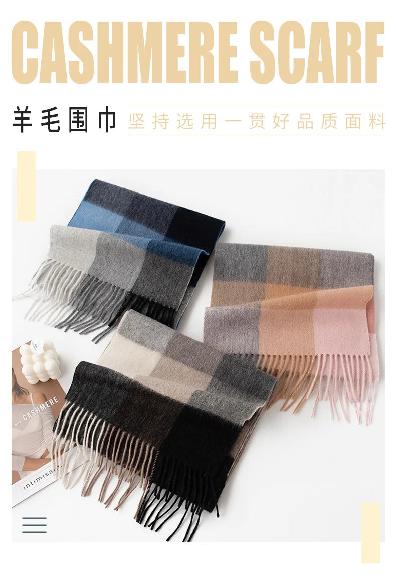 High Quality 100% Wool Scarf Men Female Fashion Classic Soft Cashmere Muffler Women Warm Thermal Shawl Outside Autumn Winter