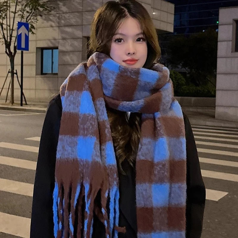 Plaid Scarf Checkerboard Soft Scarfs Women's Winter Warm Dual Use Long Shawl Vintage Thickened Scarves