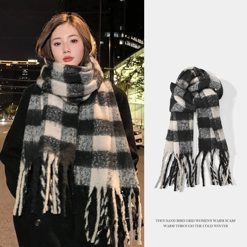 Plaid Scarf Checkerboard Soft Scarfs Women's Winter Warm Dual Use Long Shawl Vintage Thickened Scarves