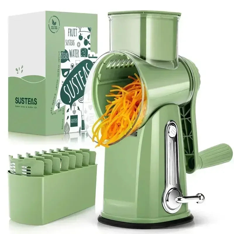 SUSTEAS Rotary Cheese Grater with Handle, Food Shredder with 5 Well-designed Blades & Strong Suction Base,Round Mandoline Slicer