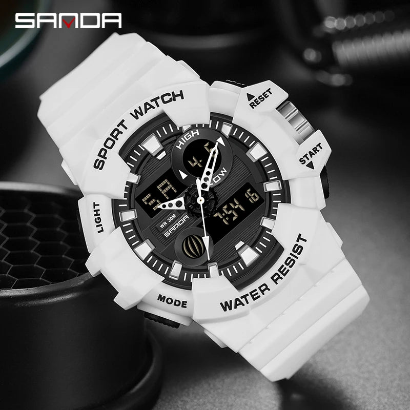 SANDA G Style White Sports Men's Watches Top Brand Luxury Military Quartz Watch Men Waterproof LED Digital Wristwatches