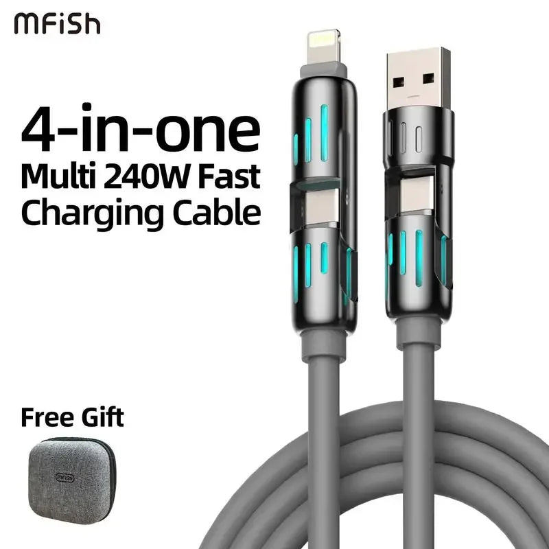 USB、Type C, lightning-Max 240W Fast Charging and Data Sync MFISH 4-in-1 Multi-Function USB Charging Cable for iPhone 16/15, iPad