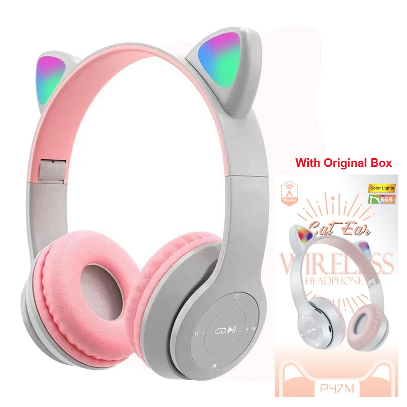 Wireless Headset Flash Light Kids Ear Headphones with Mic Bluetooth Headsets Stereo Music Game Headphone Girls Boys Gift