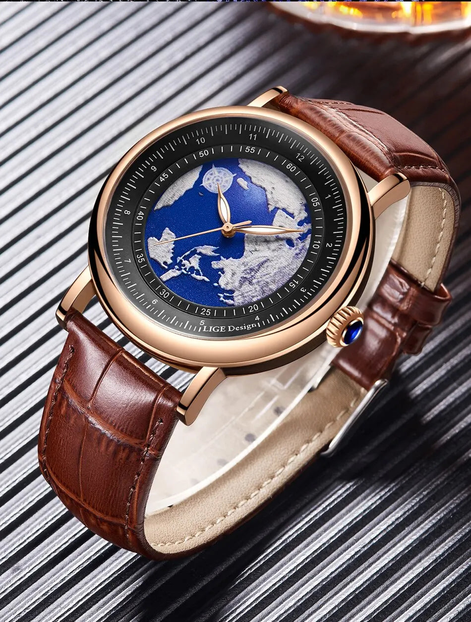 LIGE Mens Watches Fashion Blue Planet Creative Earth Quartz Wristwatch Leather Waterproof Watch For Men Clock Relogio Masculino