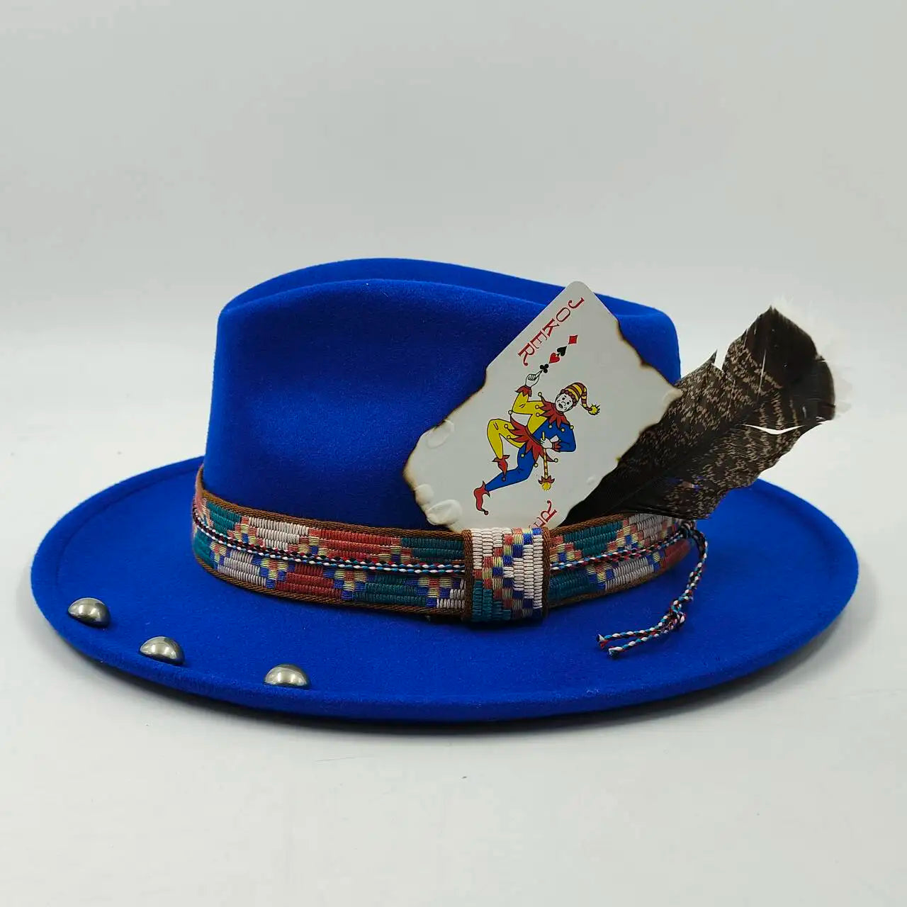 Feather Fedoras Hat for Men Women Black Felt Wide Brim Jazz Cap Gentleman Caps Plum Blossom 8 Playing Card Design Fedora Hat