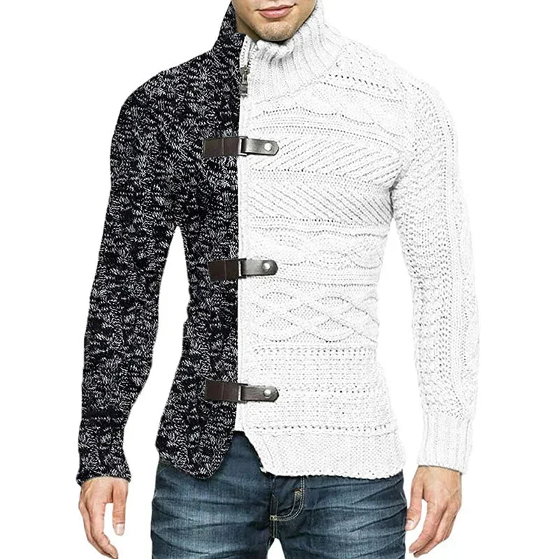 Autumn Winter Mens Sweatercoat Patchwork Turtleneck Cardigan Man Casual Knitted Slim Fit Long Sleeve Fashion Sweater Outerwear