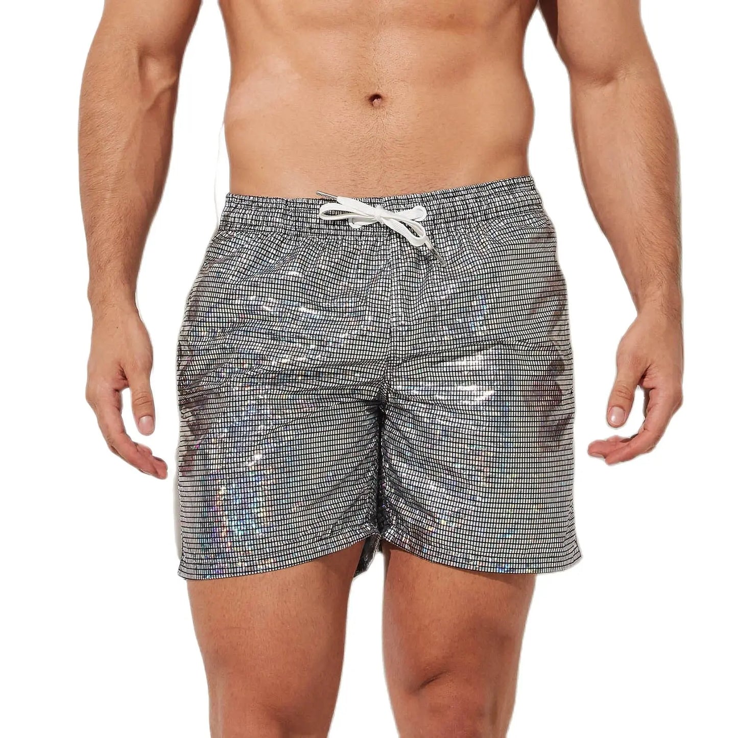 CLEVER-MENMODE Beach Board Swim Shorts Mens Silvery Shine Surfing Swimming Trunks Boxers Faux Leather Beachwear Gymwear