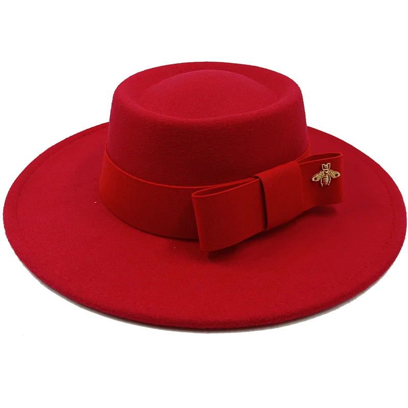 Bow Tie Fedora Hat Winter Round Bumpy Surface Flat Top Bow Tie Elastic Band Men's and Women's Red Jazz Hat Fedora