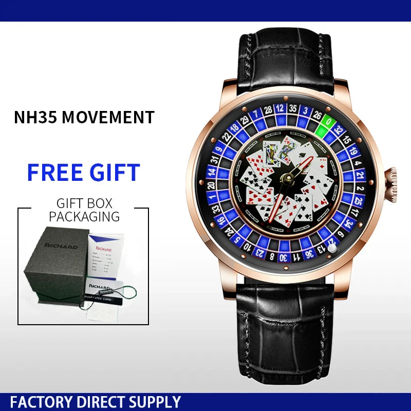 Richard New Mechanical Watch NH36 Sapphire Glass Rotating Dial Las Vegas Roulette Desktop Theme Automatic Watch Men Texas Holdem