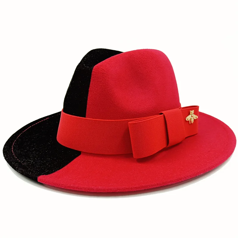 Bow Tie Fedora Hat Winter Round Bumpy Surface Flat Top Bow Tie Elastic Band Men's and Women's Red Jazz Hat Fedora