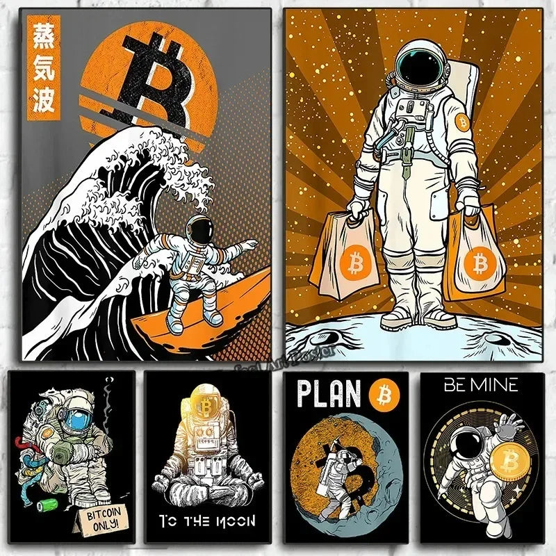 Crypto Astronaut Surfing Bitcoin Stock Market Poster Print  Funny Space Meme Wall Art Canvas Painting for Home Living Room Decor