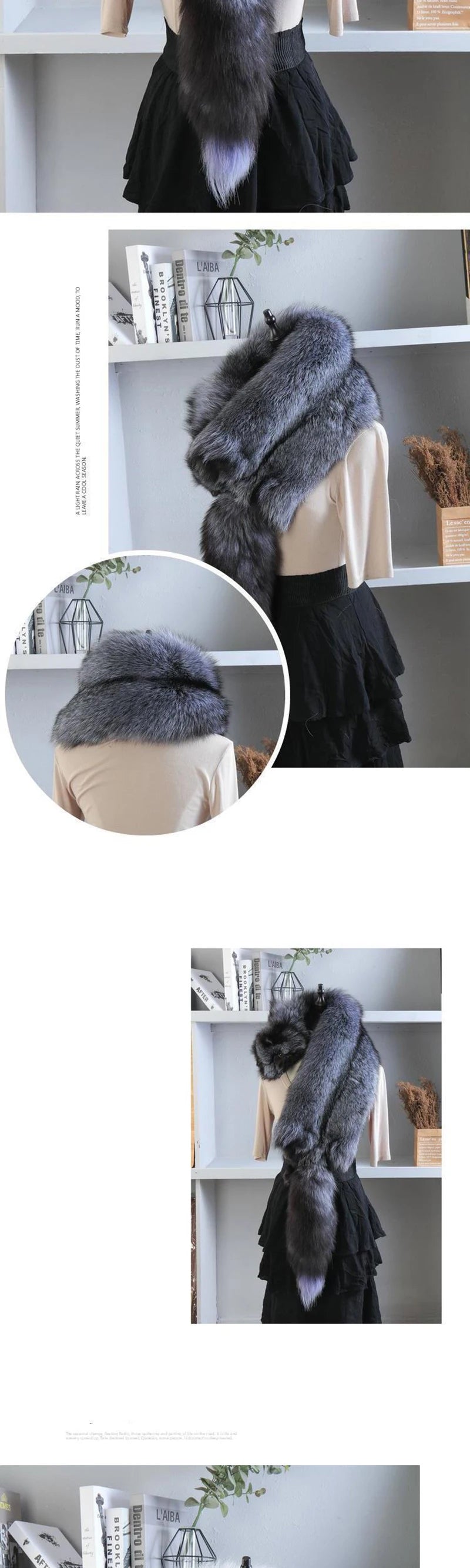 Unisex Real Fur Fox Scarf Men Woman Winter Warm Natural Fur Shawl Soft Headscarf Super big Gray Silver Fox Scarf Fur Accessories