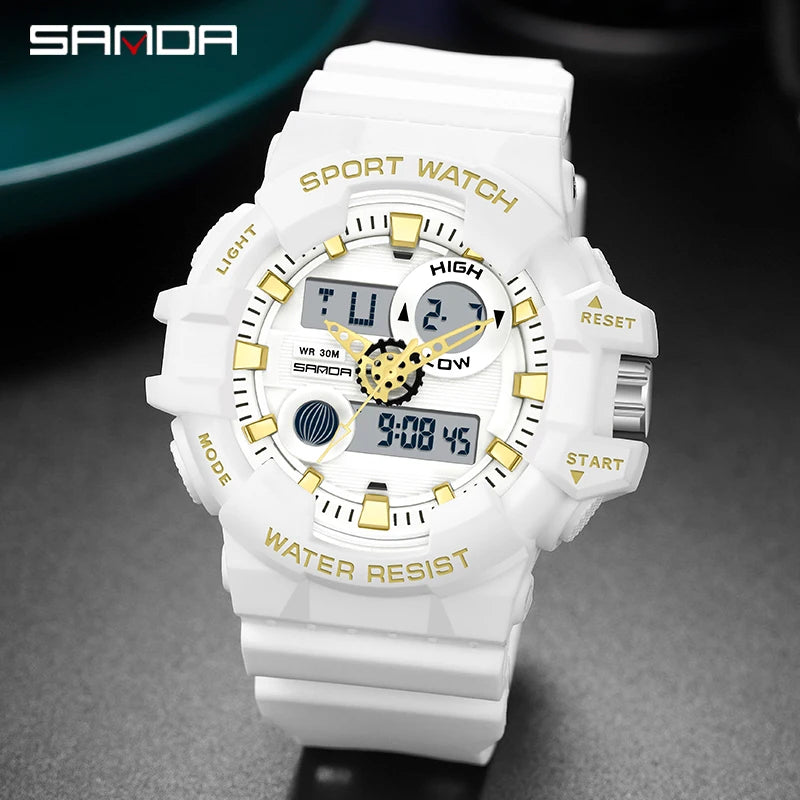 SANDA G Style White Sports Men's Watches Top Brand Luxury Military Quartz Watch Men Waterproof LED Digital Wristwatches