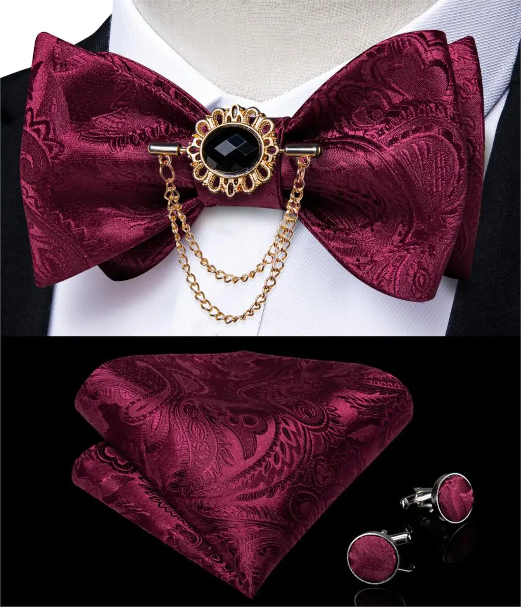 Luxury Gold Black Paisley Self Tie Men's Bow Tie Silk Woven Wedding Party Butterfly Ties Hanky Brooch Pin Set Tuxedo Bow DiBanGu