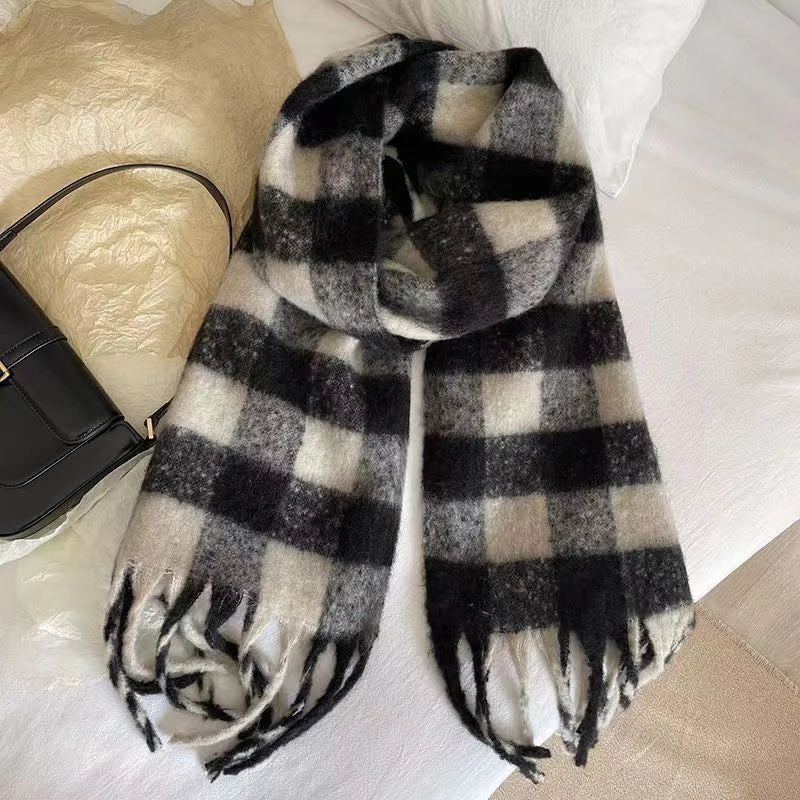 Plaid Scarf Checkerboard Soft Scarfs Women's Winter Warm Dual Use Long Shawl Vintage Thickened Scarves