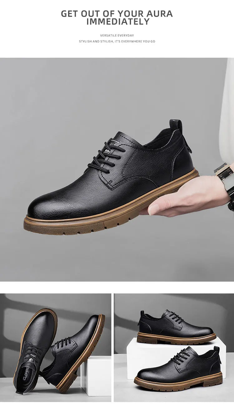 CLOHOC two layer cowhide business casual shoes breathable soft sole comfortable classic lace-up men's shoes