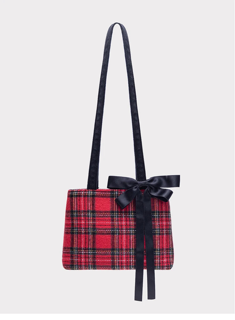 Red Checkered Bow Simple Tote Bag Casual Woolen Versatile Simple Shoulder Bag