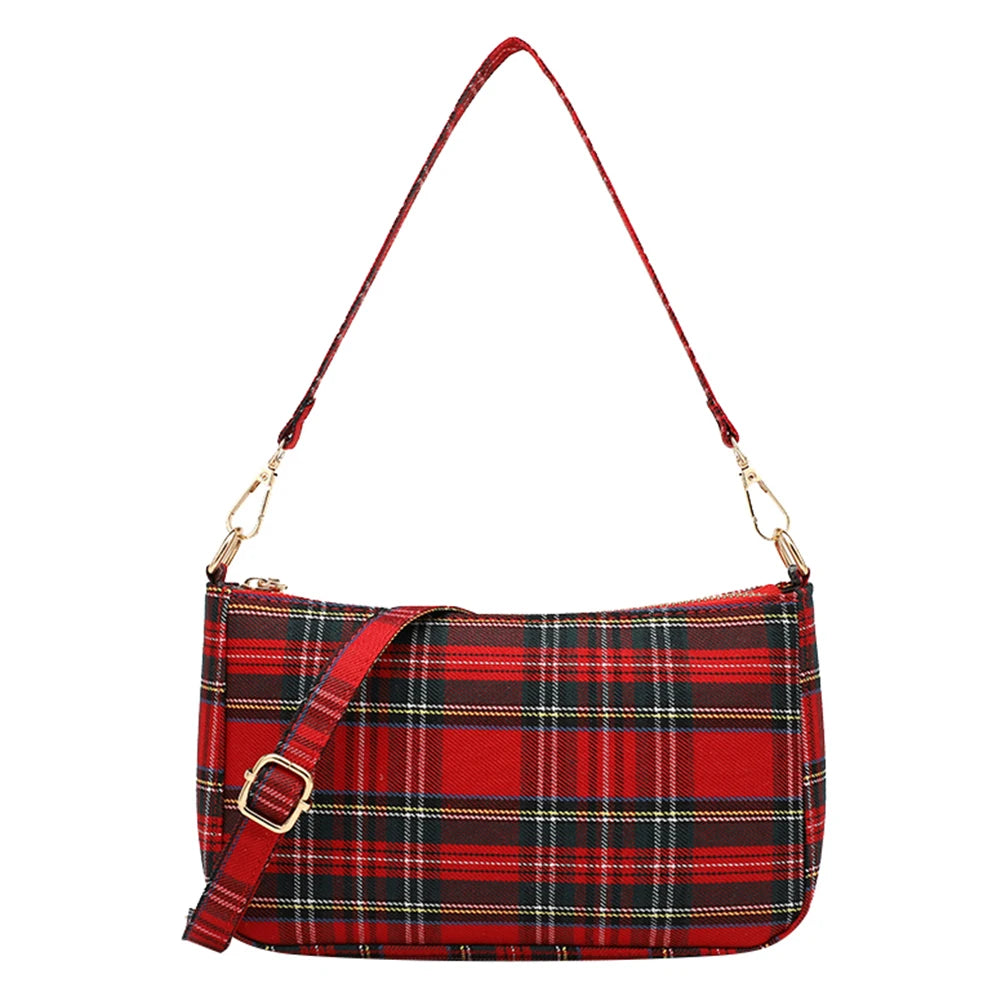 Women Fashion Shoulder Bag Punk Tartan Check Stylish Commuting Bag Simple Plaid Satchel Bag with 2 Straps Tote Handbag