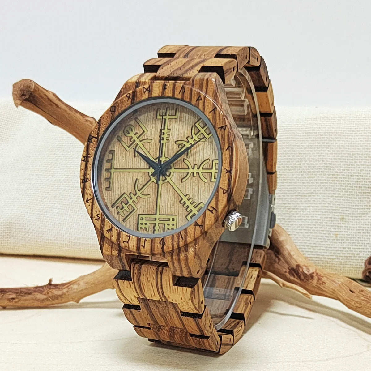 Wooden Wrist Watches Man Viking Symbol Element Clock Personalized Anniversary Gift for Husband Men's Wood Quartz Wristwatches