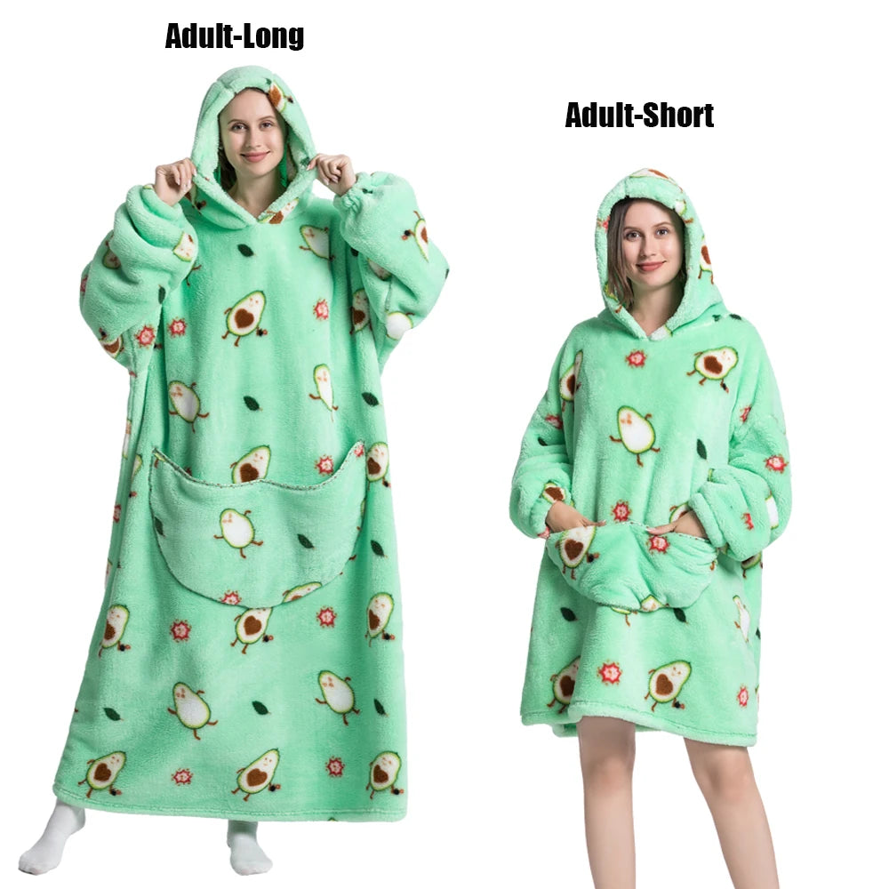 Thick Flannel Blanket Hoodies for Women Adult Panda Wolf Cat Pullover Winter Sherpa TV Blanket Homewear Oversized Sweatshirts