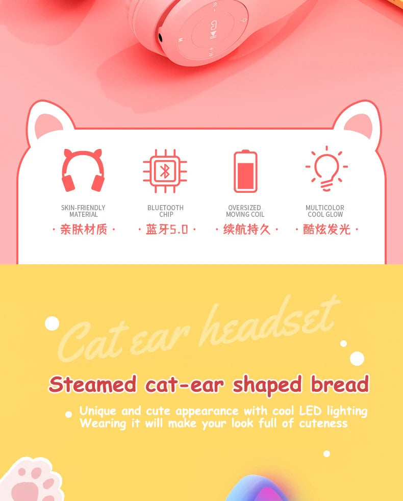 Wireless Headset Flash Light Kids Ear Headphones with Mic Bluetooth Headsets Stereo Music Game Headphone Girls Boys Gift