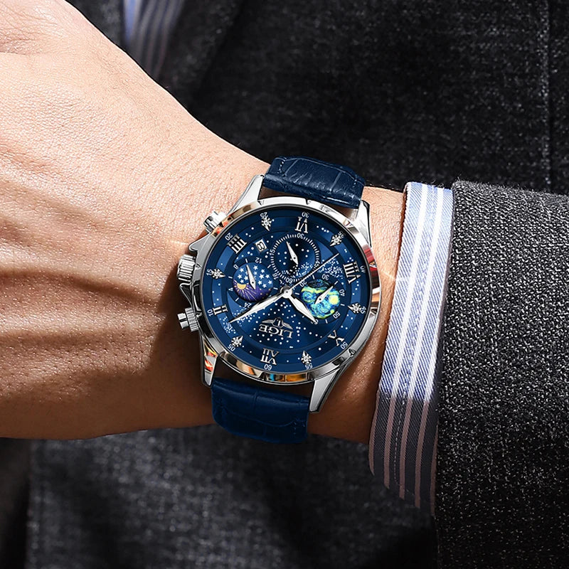 LIGE Mens Watch Luxury Waterproof Male Clock Moon Phase Date Casual Blue Leather Quartz Wrist Watch Men Chronograph Montre Homme