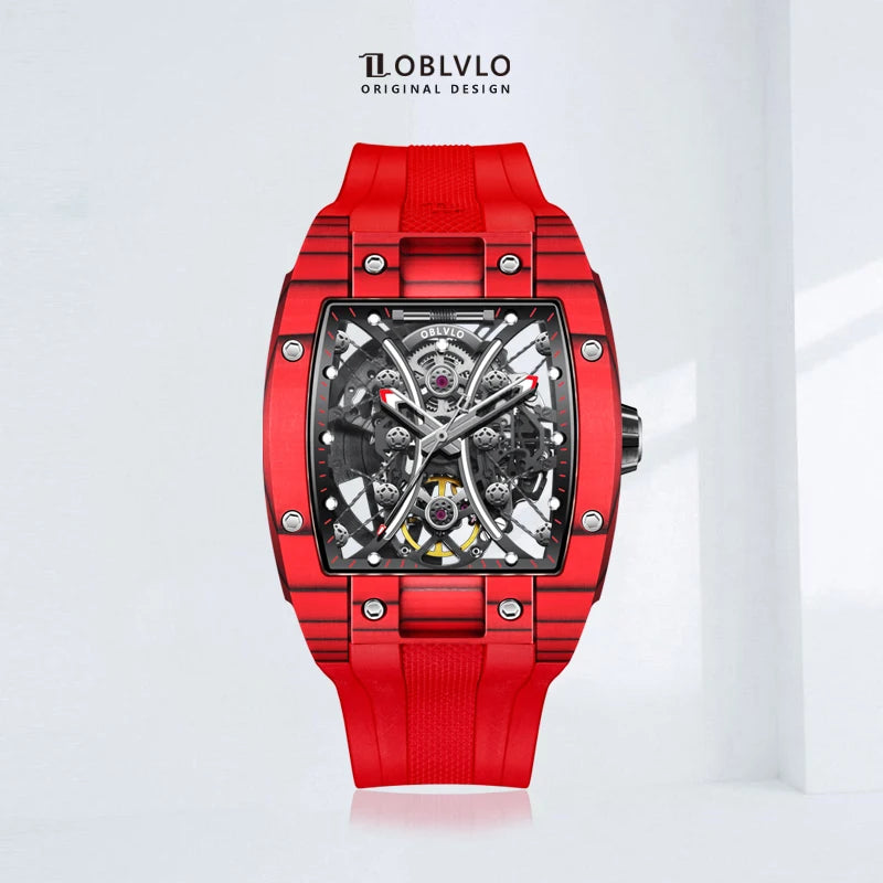 OBLVLO Top Brand Men Automatic Mechanical Watch Skeleton Luminous Wine Barrel Carbon Fiber Case Rubber Strap Waterproof EM