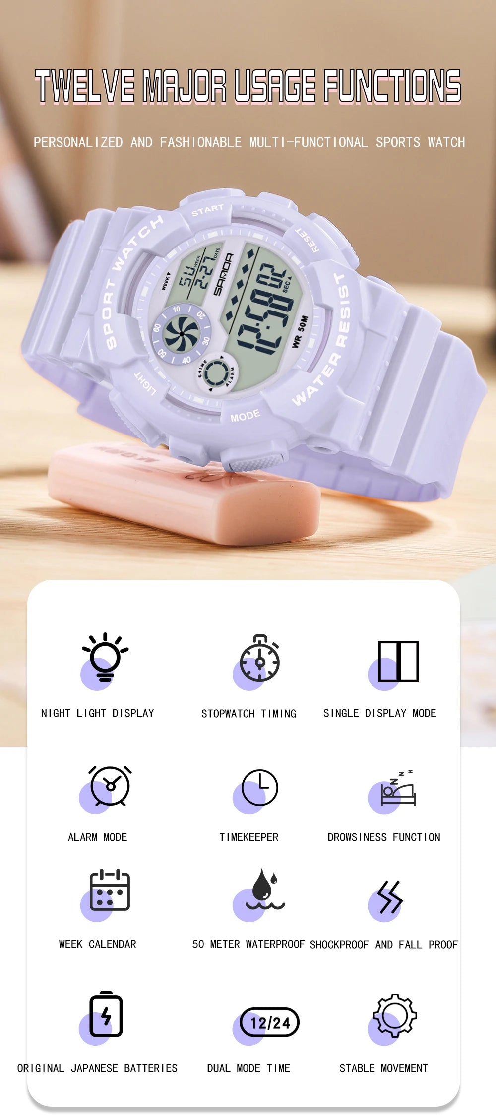 SANDA G Style Fashion Women Sport Watches Alarm Clock Waterproof Stopwatch LED Digital Women Electronics Chronograph Wrist Watch