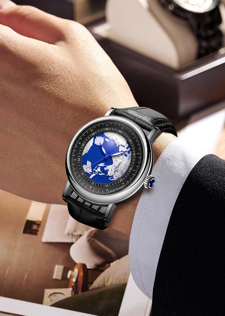 LIGE Mens Watches Fashion Blue Planet Creative Earth Quartz Wristwatch Leather Waterproof Watch For Men Clock Relogio Masculino