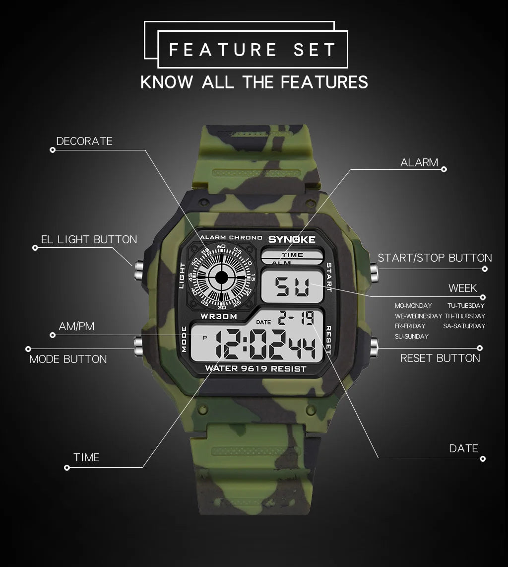 SYNOKE Outdoor Military Digital Watch For Men Fashion Retro Men Watch Sports Waterproof Men Watch Multifunctional Luminous