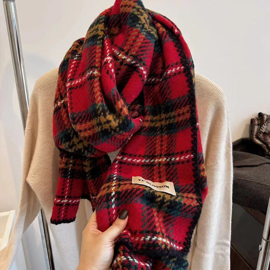 Winter New Style Red Tartan Tassel Scarf Stylish Vintage Decoration Neck Scarf Autumn Winter Coldproof Warm Unisex Wrap Scarf