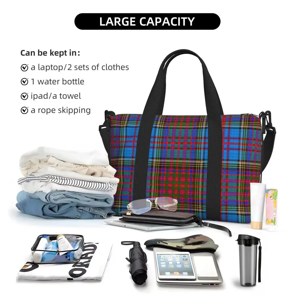 Custom Popular Tartan Plaid Beach Tote Bag for Women Extra Large Gym Carry On Geometric Gingham Check Texture Shopping Bags