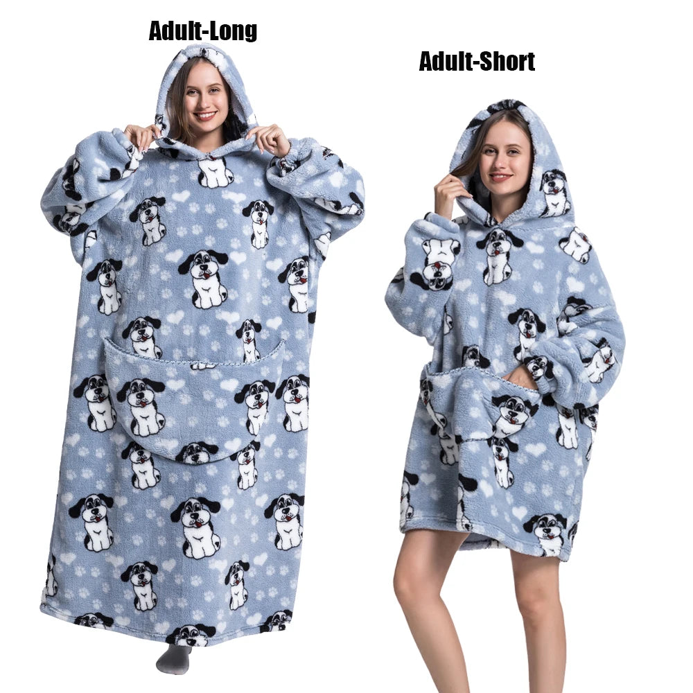 Thick Flannel Blanket Hoodies for Women Adult Panda Wolf Cat Pullover Winter Sherpa TV Blanket Homewear Oversized Sweatshirts