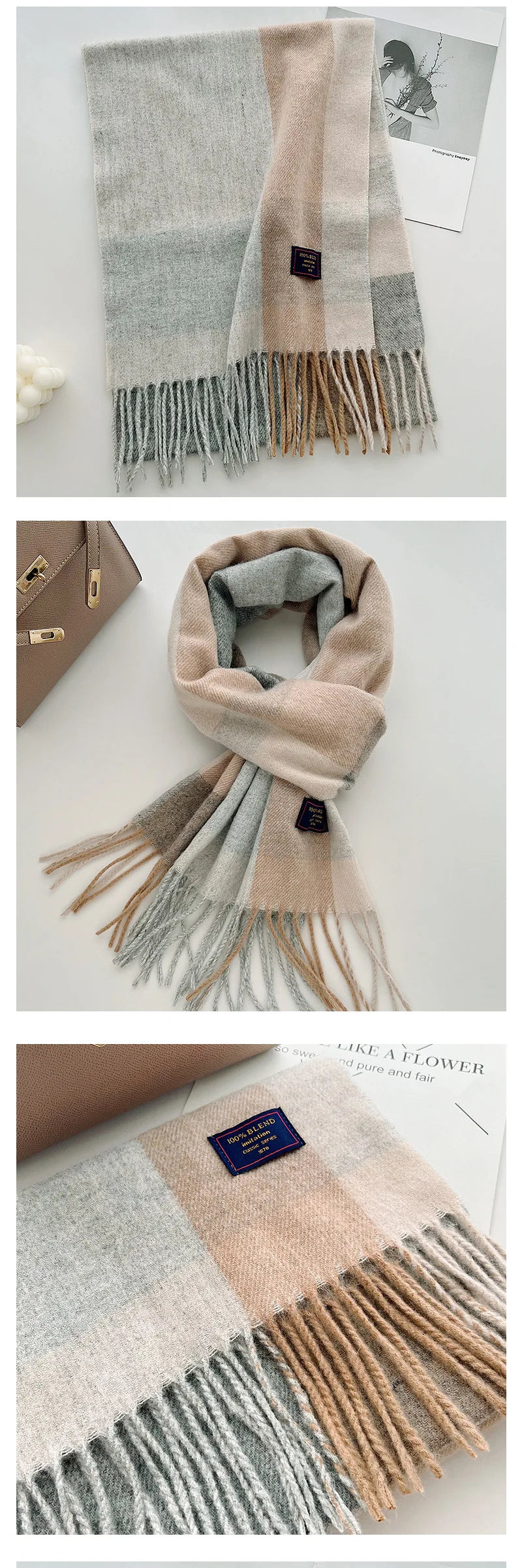 Chic Design Soft Warm Women Scarf Autumn Winter Classic British Imitation Cashmere Muffler Men Plaid Thermal Tassel Shawl Couple