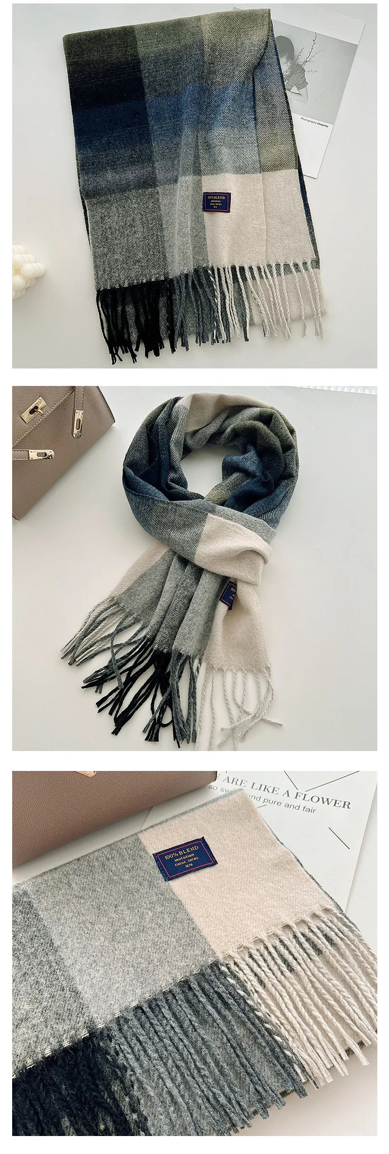 Chic Design Soft Warm Women Scarf Autumn Winter Classic British Imitation Cashmere Muffler Men Plaid Thermal Tassel Shawl Couple