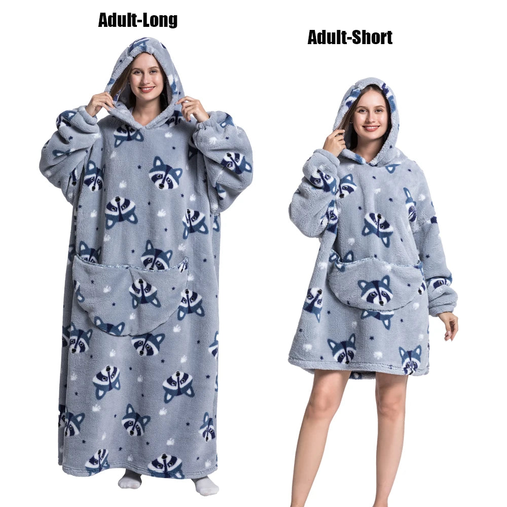 Thick Flannel Blanket Hoodies for Women Adult Panda Wolf Cat Pullover Winter Sherpa TV Blanket Homewear Oversized Sweatshirts