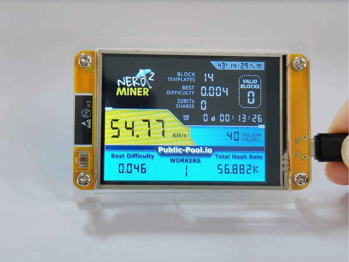 NerdMiner V2 Hashrate, Smart Display, Crypto Solo, Lottery, Nerd Miner, Bitcoin Miner ESP32-2432S028R, 49 k/S, 2.8 inch