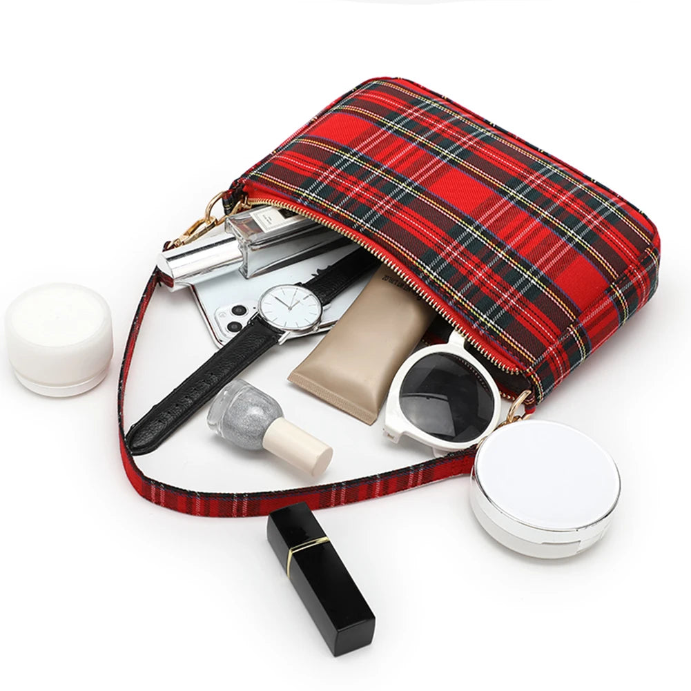 Women Fashion Shoulder Bag Punk Tartan Check Stylish Commuting Bag Simple Plaid Satchel Bag with 2 Straps Tote Handbag