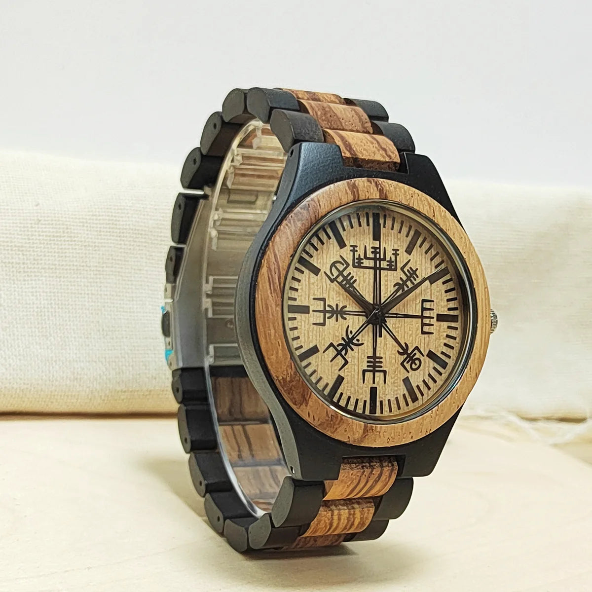 Wooden Wrist Watches Man Viking Symbol Element Clock Personalized Anniversary Gift for Husband Men's Wood Quartz Wristwatches