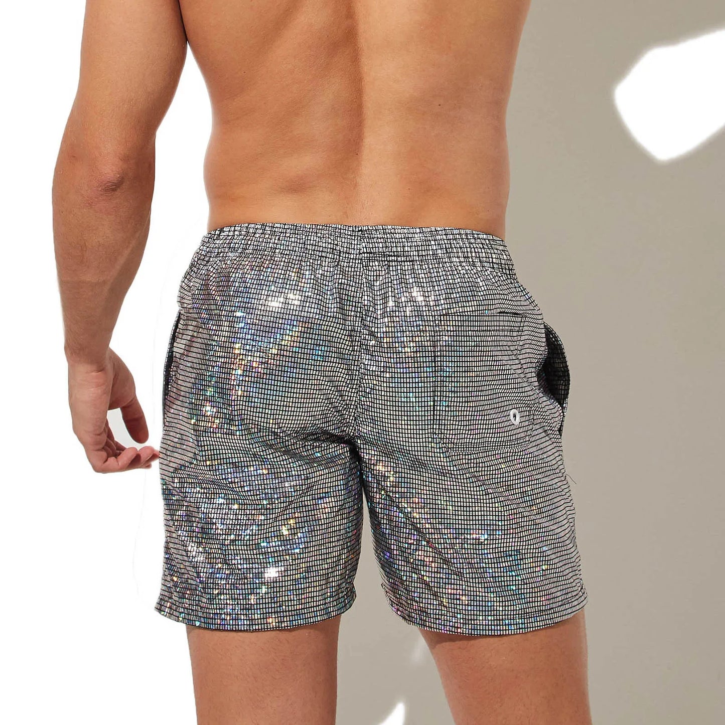 CLEVER-MENMODE Beach Board Swim Shorts Mens Silvery Shine Surfing Swimming Trunks Boxers Faux Leather Beachwear Gymwear