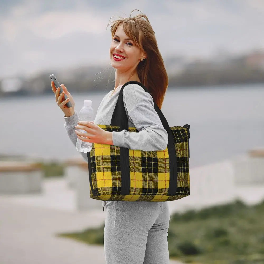 Custom Popular Tartan Plaid Beach Tote Bag for Women Extra Large Gym Carry On Geometric Gingham Check Texture Shopping Bags