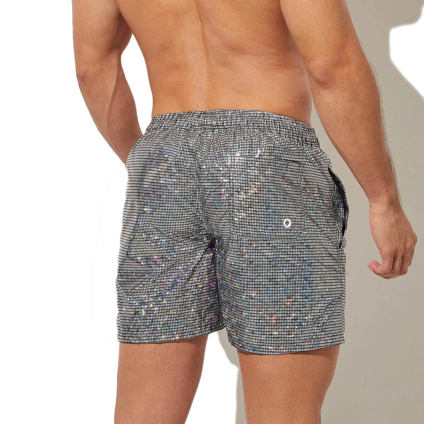 CLEVER-MENMODE Beach Board Swim Shorts Mens Silvery Shine Surfing Swimming Trunks Boxers Faux Leather Beachwear Gymwear