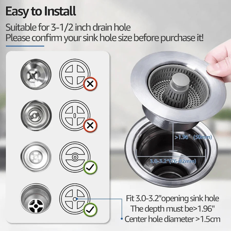 1 Pc 3 in 1 Kitchen Sink Drain Strainer and Stopper Combo, Stainless Steel Pop Up Kitchen Sink Filter Standard, Anti-Insect and