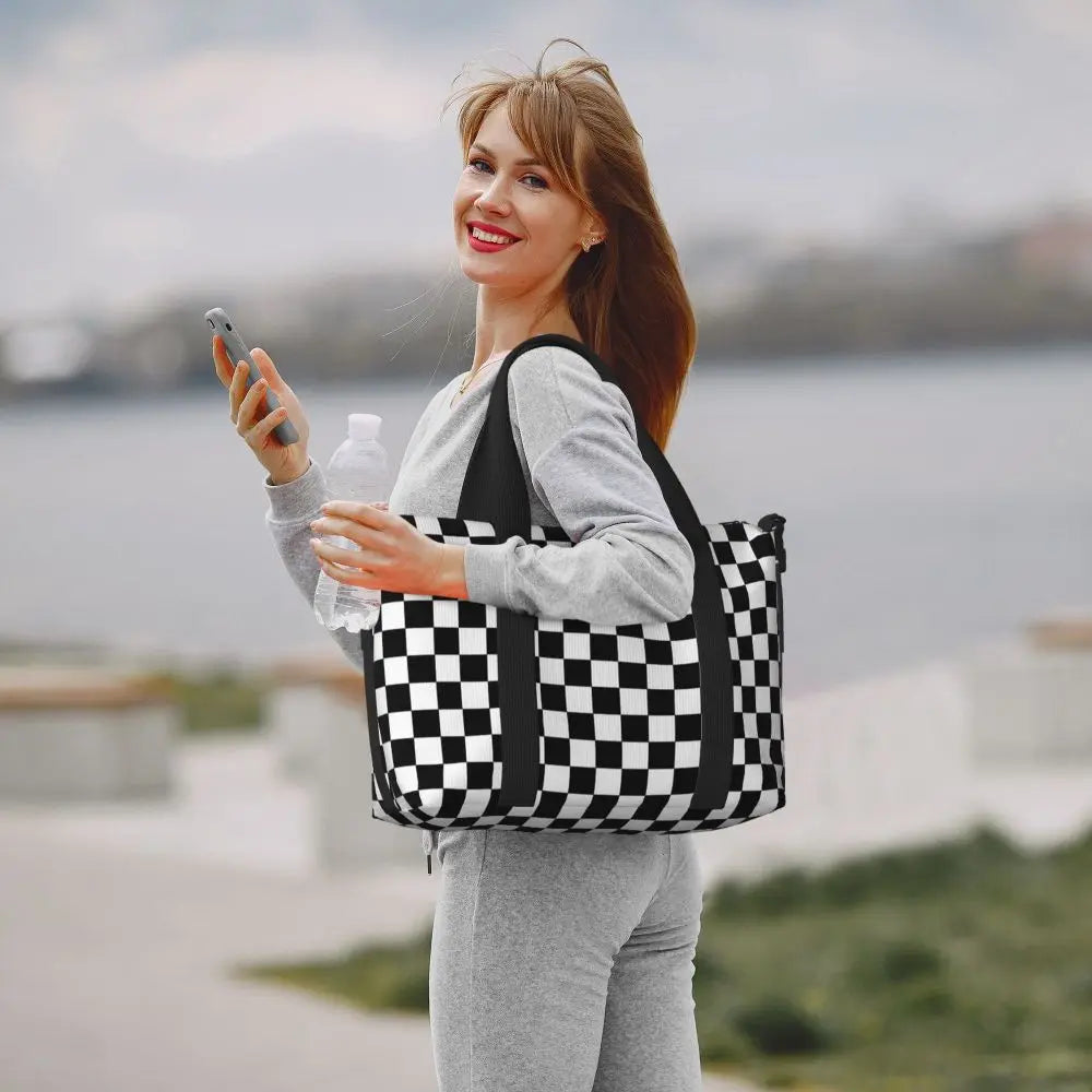 Custom Popular Tartan Plaid Beach Tote Bag for Women Extra Large Gym Carry On Geometric Gingham Check Texture Shopping Bags