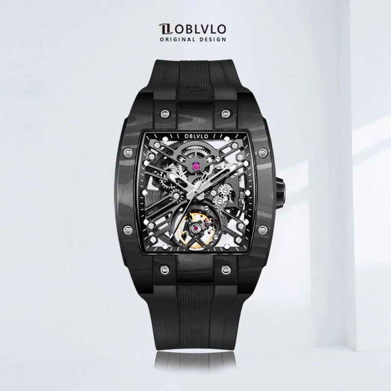 OBLVLO Top Brand Men Automatic Mechanical Watch Skeleton Luminous Wine Barrel Carbon Fiber Case Rubber Strap Waterproof EM