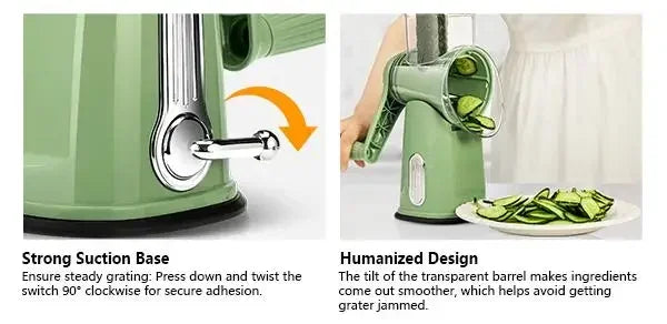 SUSTEAS Rotary Cheese Grater with Handle, Food Shredder with 5 Well-designed Blades & Strong Suction Base,Round Mandoline Slicer