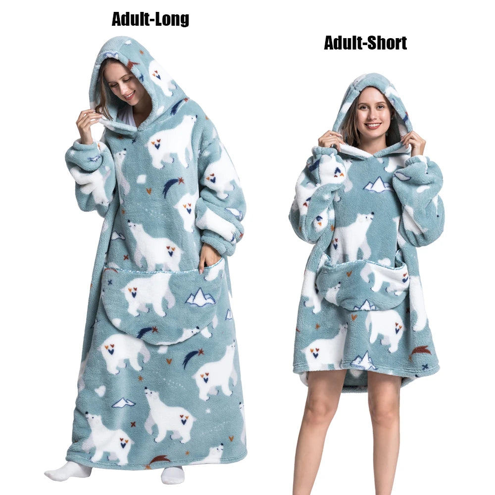 Thick Flannel Blanket Hoodies for Women Adult Panda Wolf Cat Pullover Winter Sherpa TV Blanket Homewear Oversized Sweatshirts