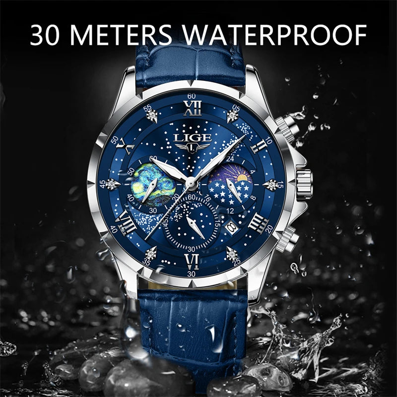 LIGE Mens Watch Luxury Waterproof Male Clock Moon Phase Date Casual Blue Leather Quartz Wrist Watch Men Chronograph Montre Homme