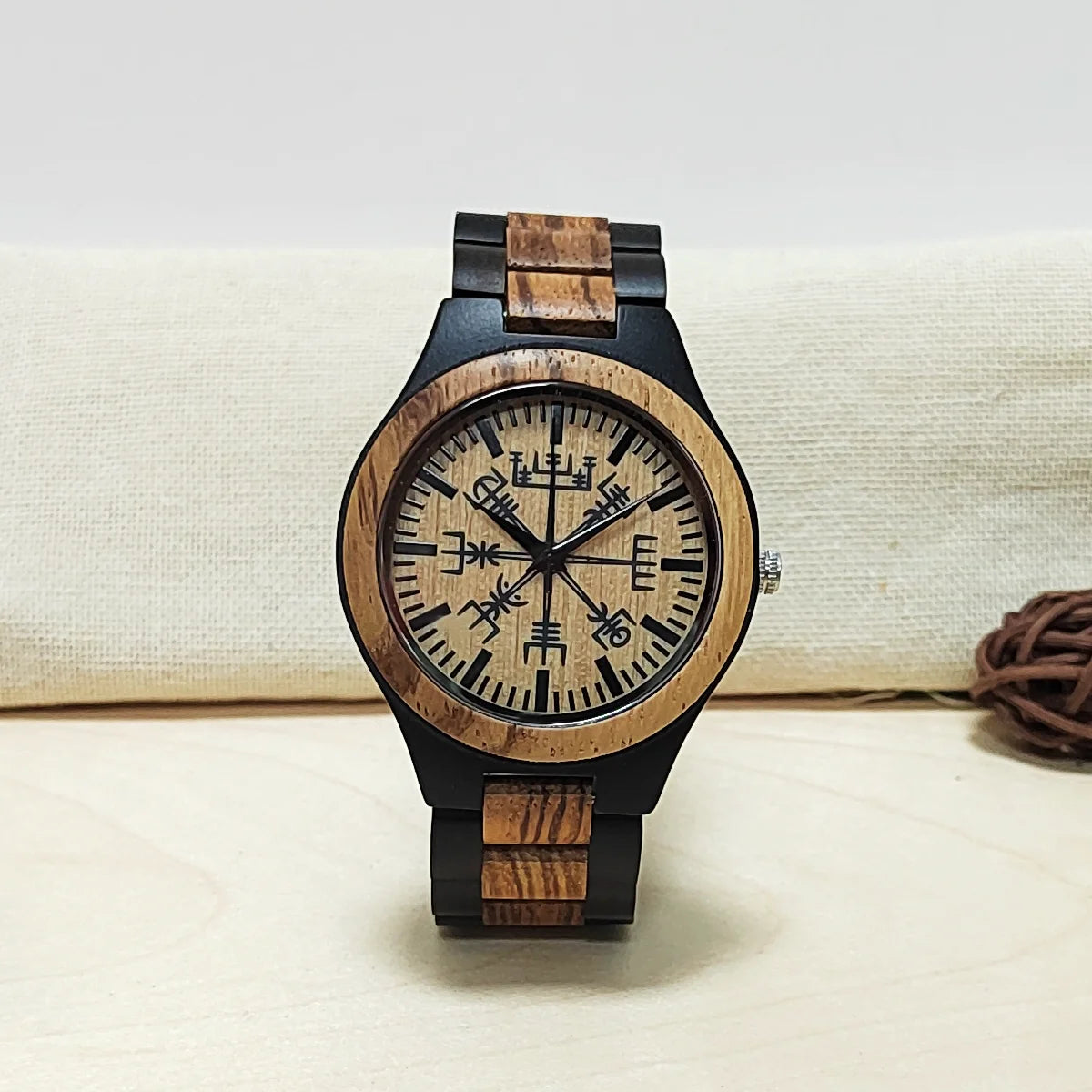 Wooden Wrist Watches Man Viking Symbol Element Clock Personalized Anniversary Gift for Husband Men's Wood Quartz Wristwatches